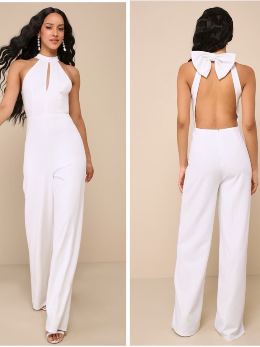 Lulu's White Halter Backless Wide-Leg Jumpsuit with Bow